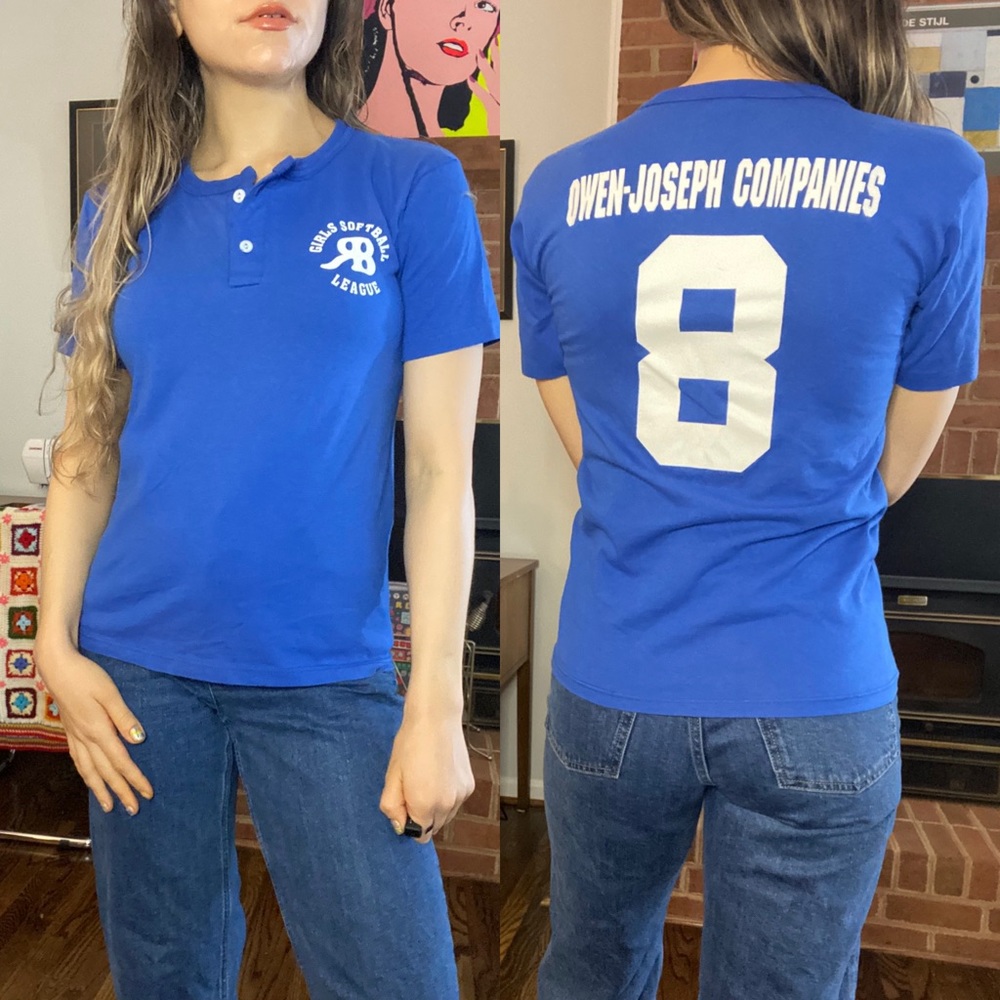 Vintage 90s Mounted Collar Henley Button Girls Softball League Tee #8 US…